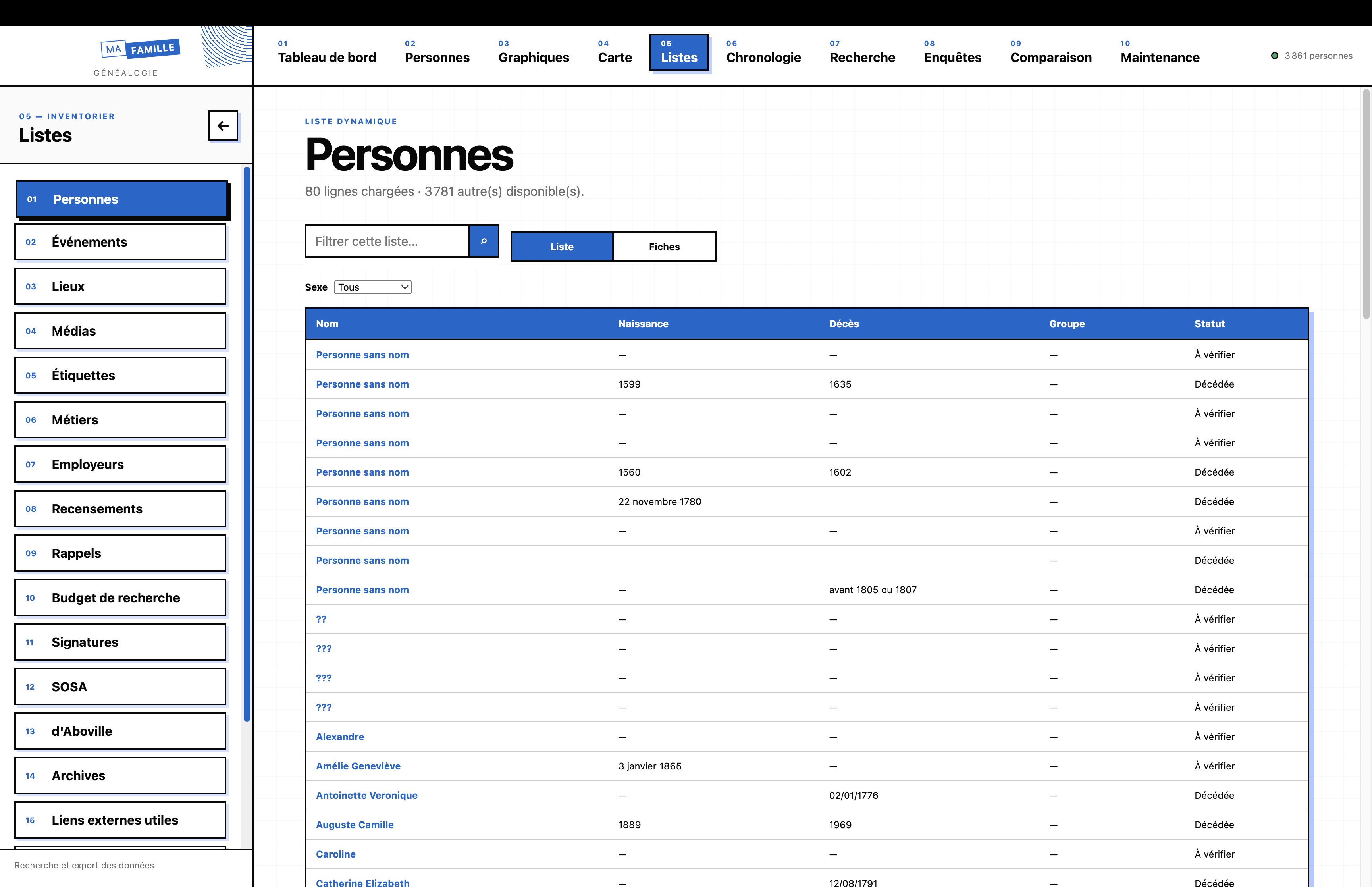 Liste dynamique des personnes avec naissance, décès et statut