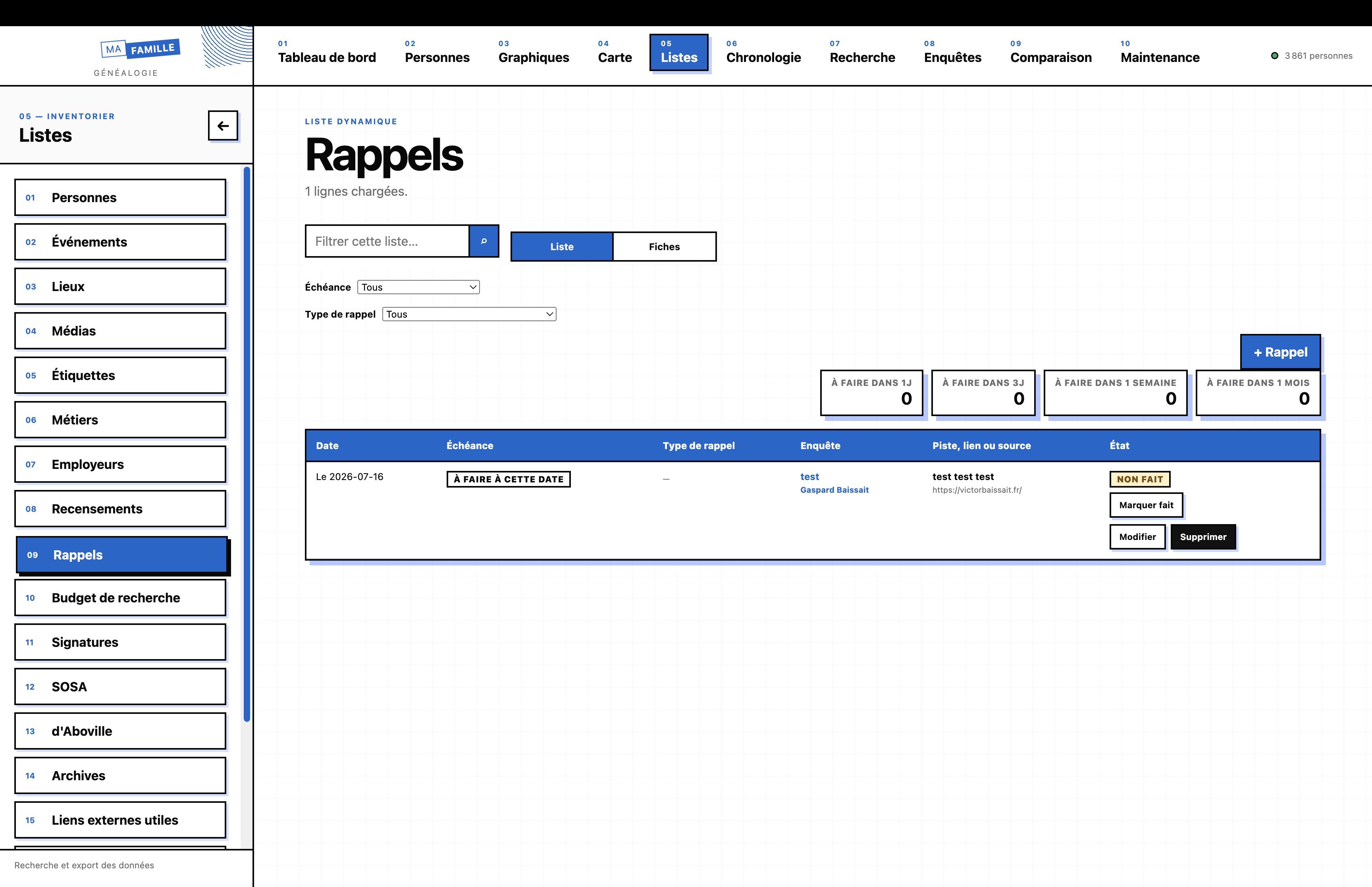 Liste des rappels avec échéances