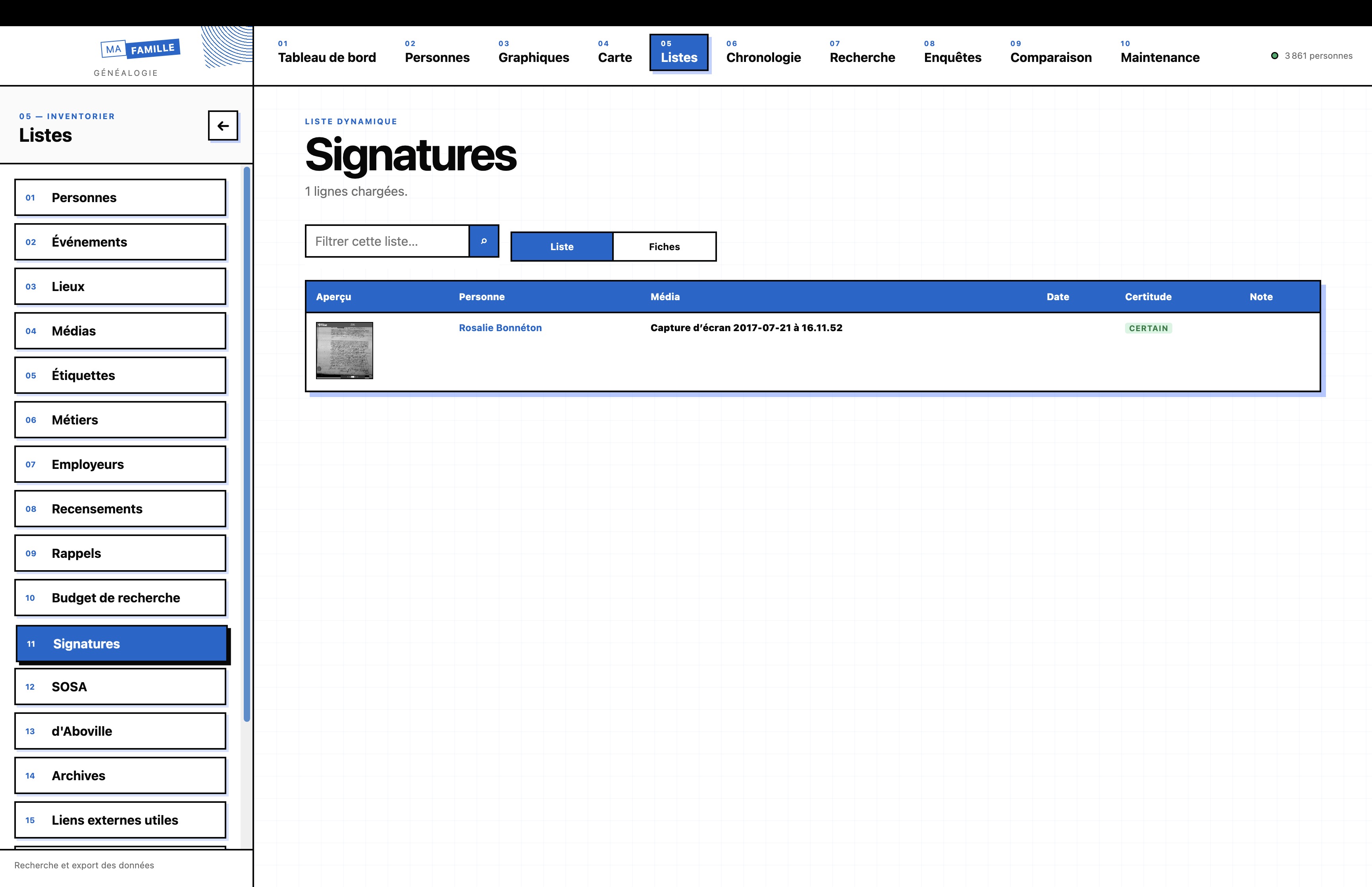 Liste des signatures relevées