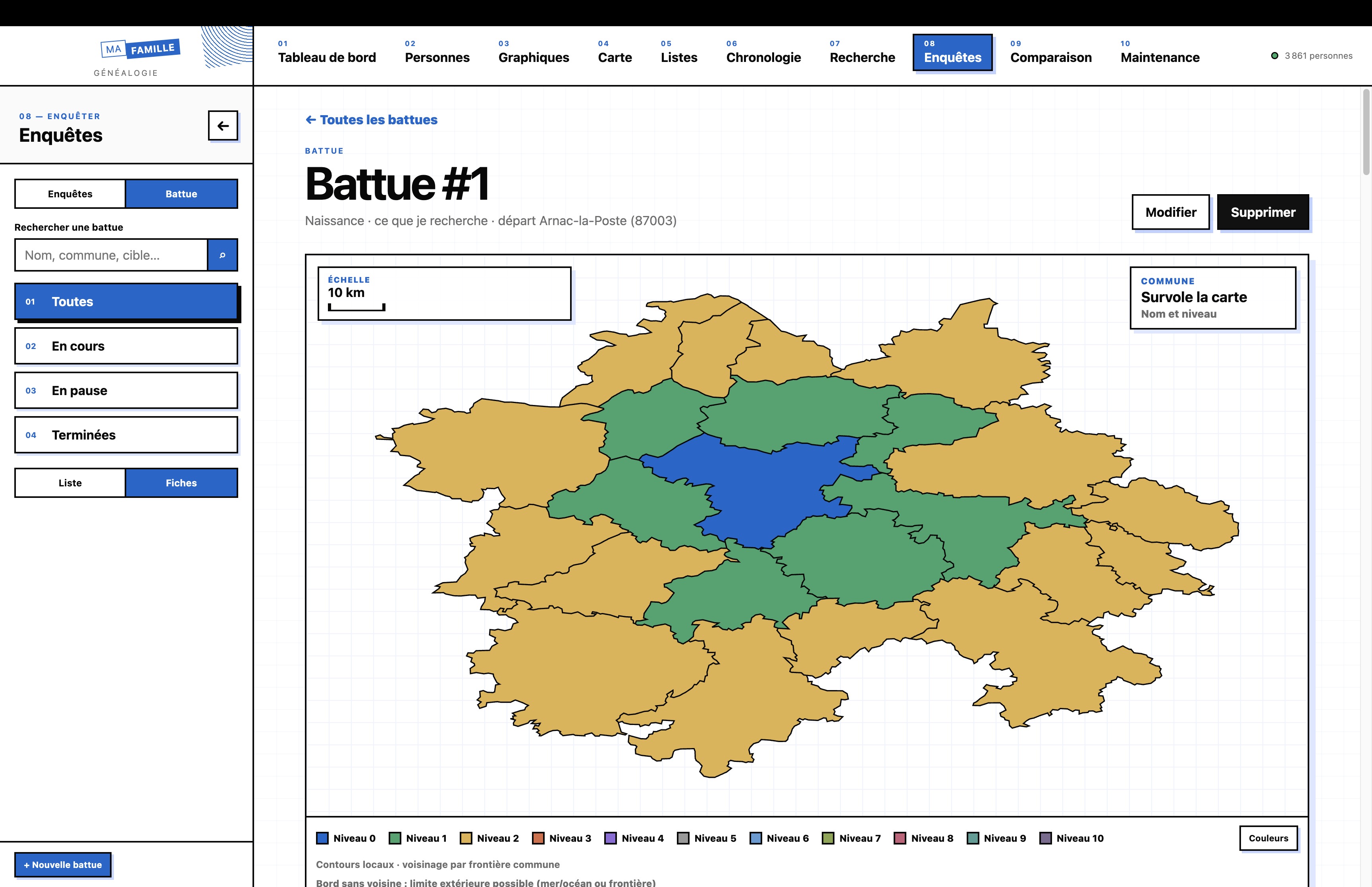 Carte d’une battue avec les communes voisines colorées par niveau